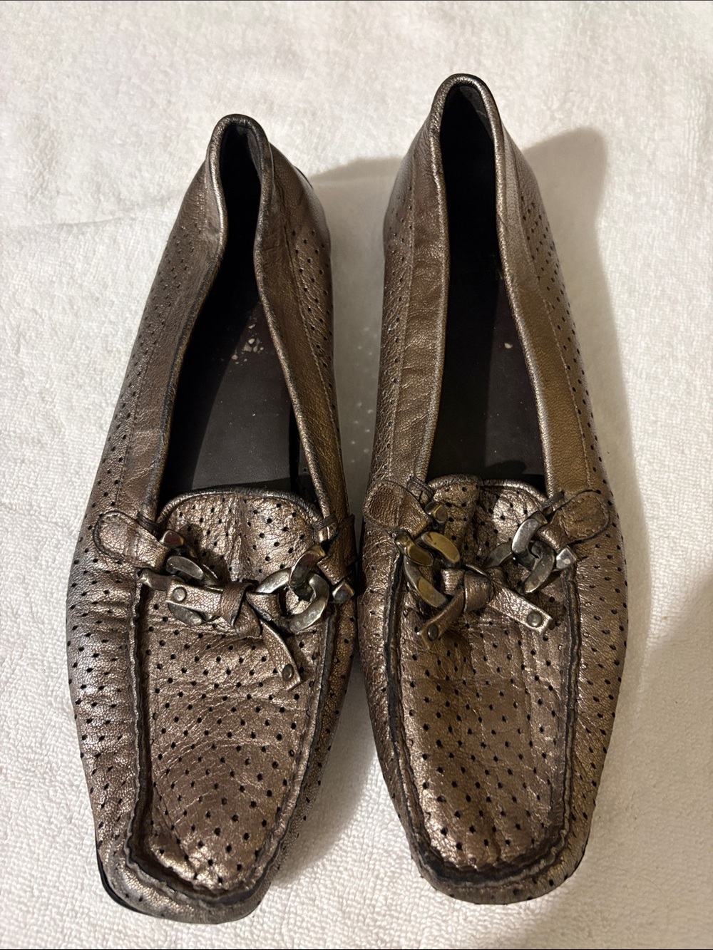 Stuart Weitzman Metallic Bronze Perforated Leather Loafers